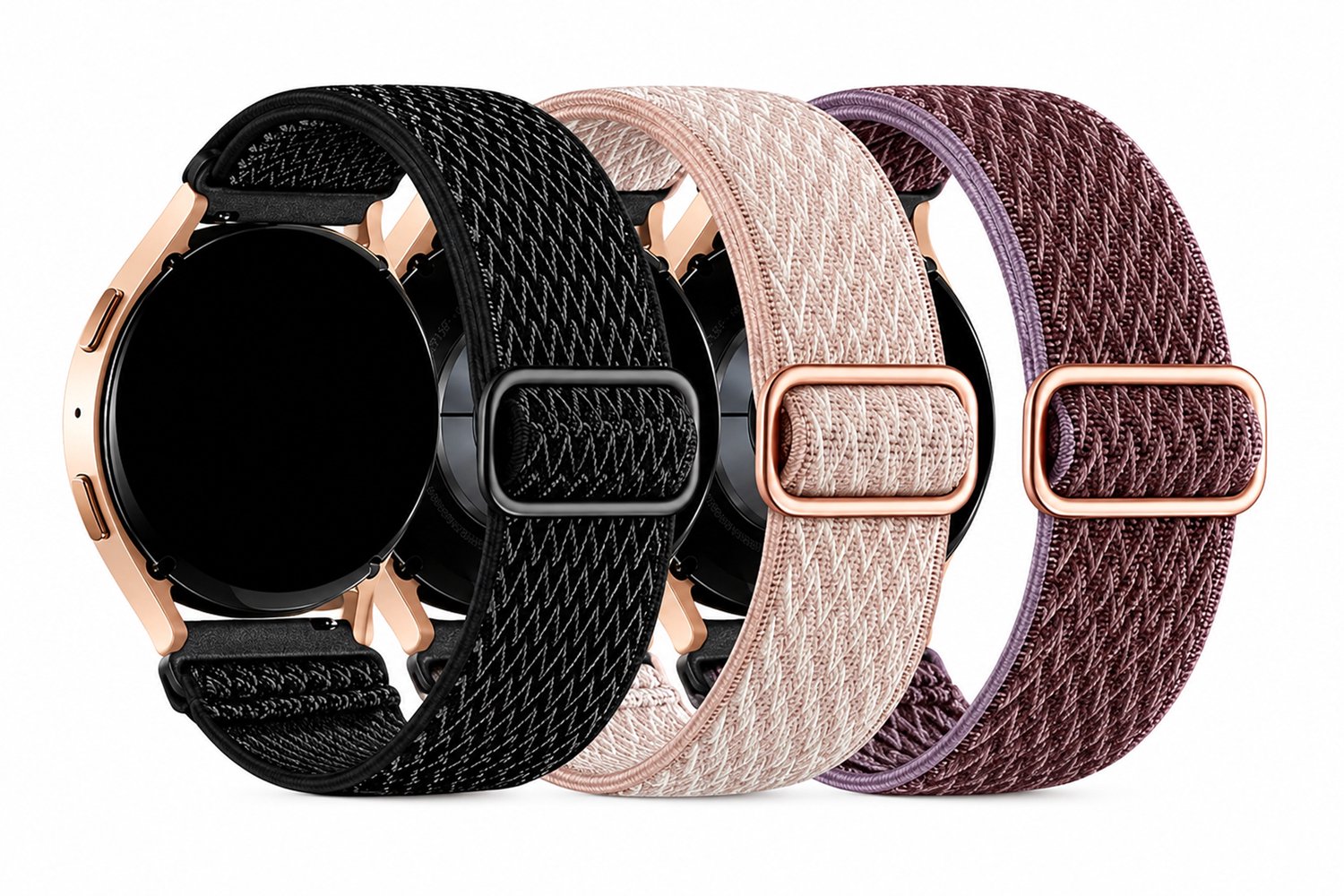 Innerlight® Set van 3 Nylon Smartwatchbandjes - 20mm - Roze, Zwart en Paars - Universeel Horlogebandje - Verstelbare Smartwatch Band - geschikt voor Samsung Galaxy Watch 7 / 6 / 5 / Pro / 4 / 3 / Active 2 - Polar Ignite / Unite – Huawei
