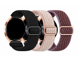 Innerlight® Set van 3 Nylon Smartwatchbandjes - 20mm - Roze, Zwart en Paars - Universeel Horlogebandje - Verstelbare Smartwatch Band - geschikt voor Samsung Galaxy Watch 7 / 6 / 5 / Pro / 4 / 3 / Active 2 - Polar Ignite / Unite – Huawei