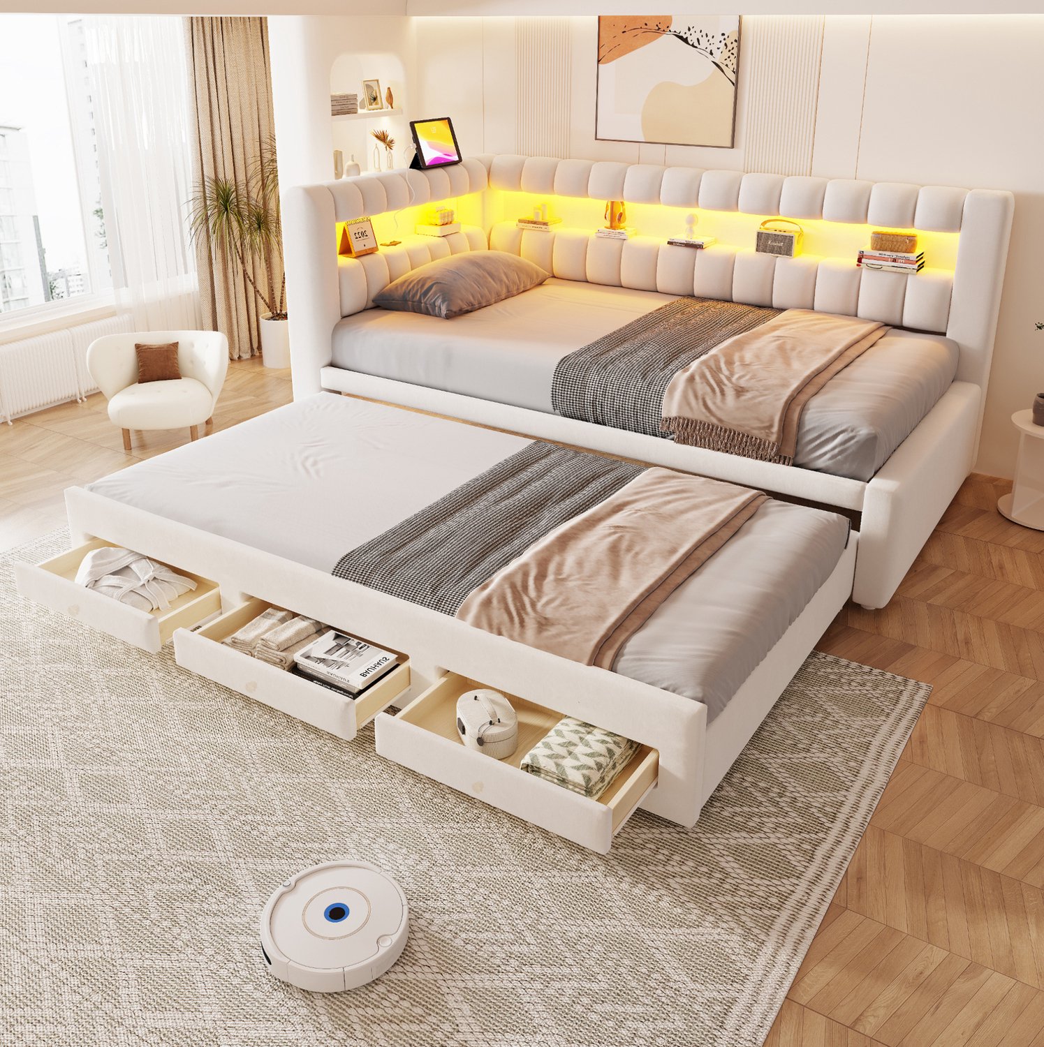 MIVRAY Slaapbank 90x190cm - Uitschuifbed Met LED-Verlichting En USB-C - Opbergruimte Voor Woonkamer En Logeerkamer - Stof - Beige - Zonder Matras