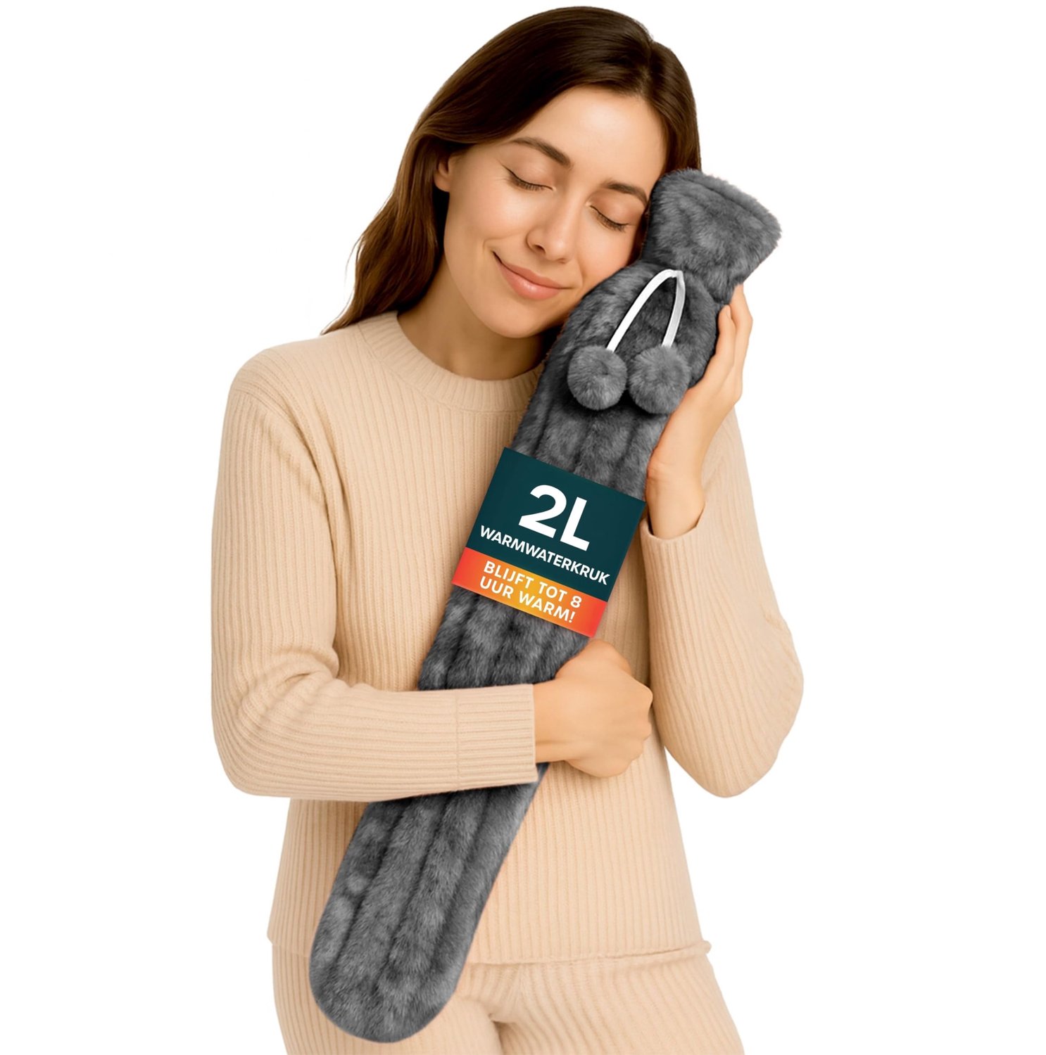 Lange Warmwaterkruik 2 L - 72 cm - Zachte Kruik met Pluche Hoes - Wasbaar - Voor Rug en Buik - Grijs