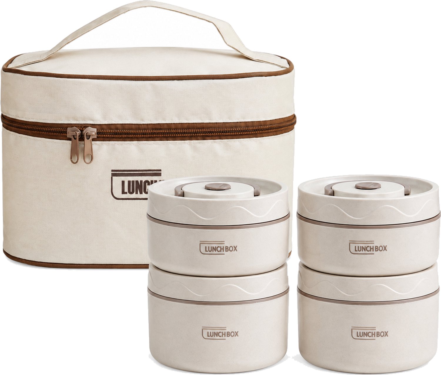 Broodtrommel set met 4 ronde lunchbakjes, 2 x 440 ml en 2 x 600 ml, voor magnetrongebruik, met beige geïsoleerde draagtas