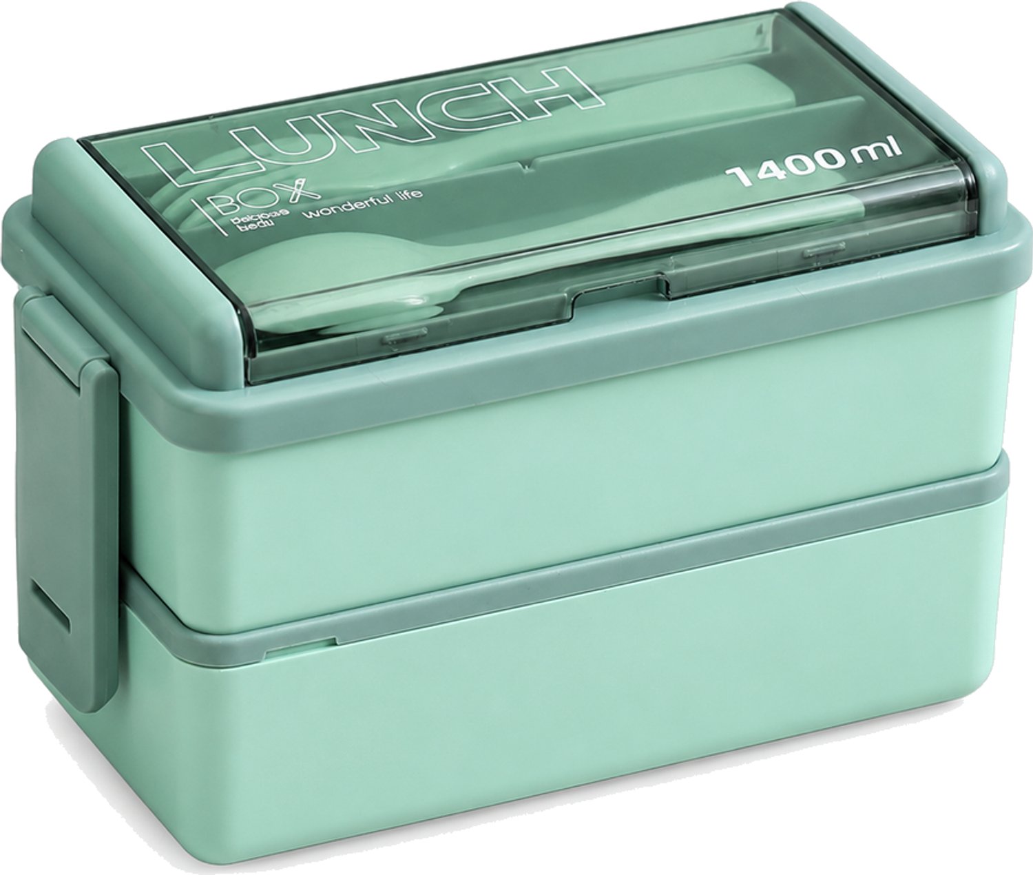 Groene kunststof broodtrommel van 1400 ml met twee lagen, geschikt voor magnetrongebruik