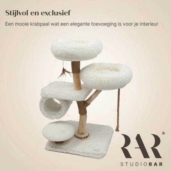 Stijlvolle off-white krabpaal van echt hout voor een elegant interieur.