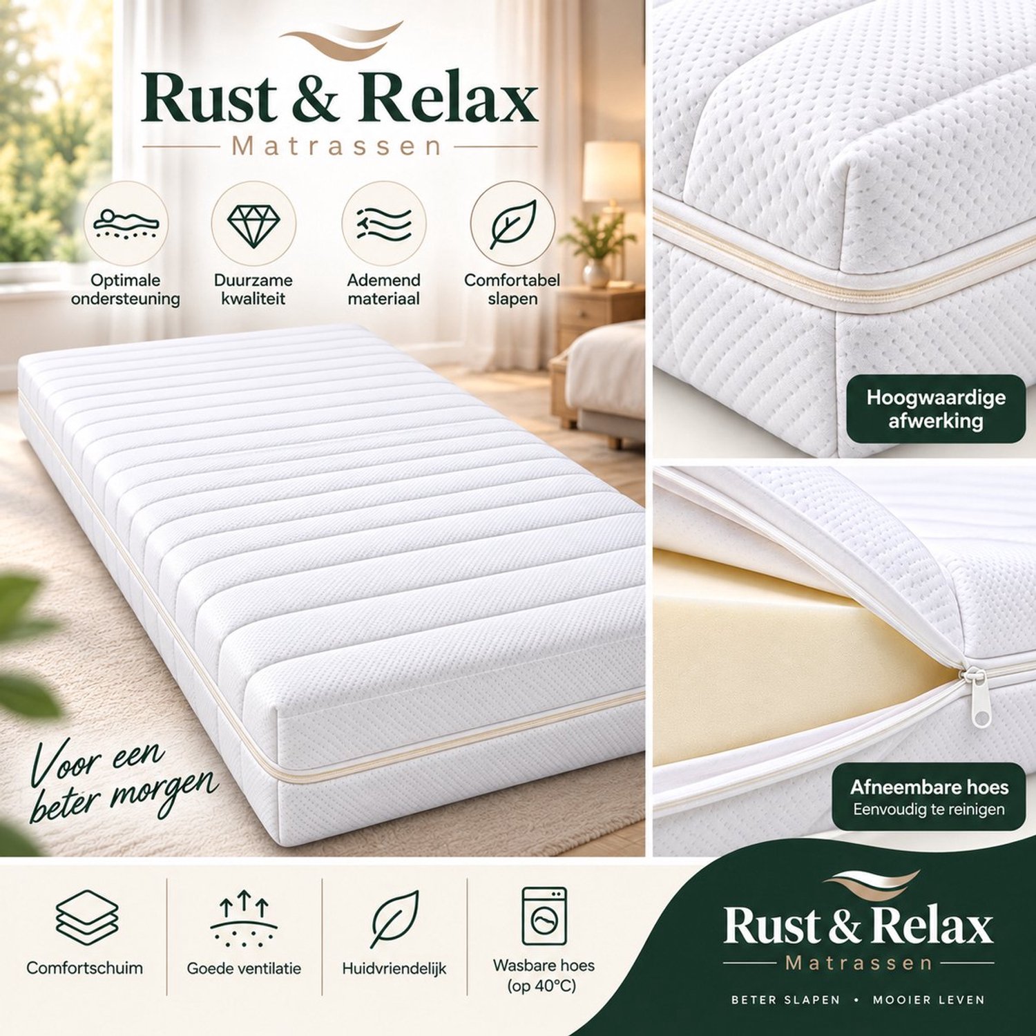 Polyether matras met rits tijk - 120x220 - wasbaar - anti allergie wit