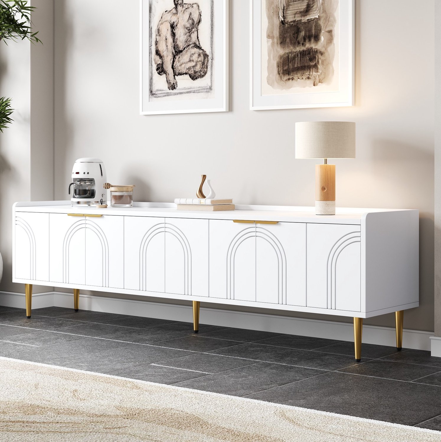 Maisentiel TV-meubel 170 cm - 3D-deuren, kabeldoorvoer, MDF, wit met gouden details