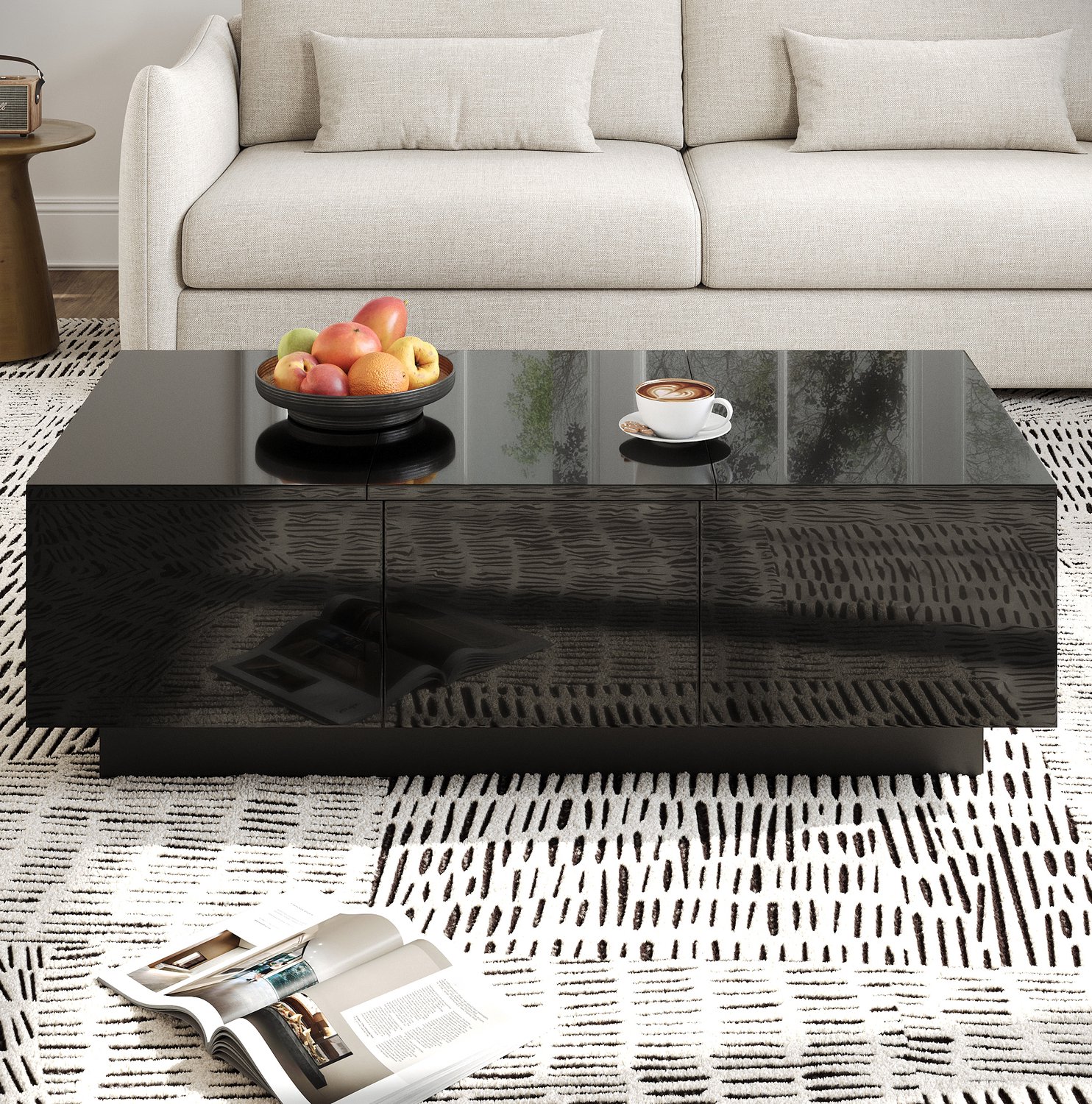 Maisentiel Salontafel 100 x 31 x 50 cm met 2 laden en schuifvakken, deels hoogglans zwart