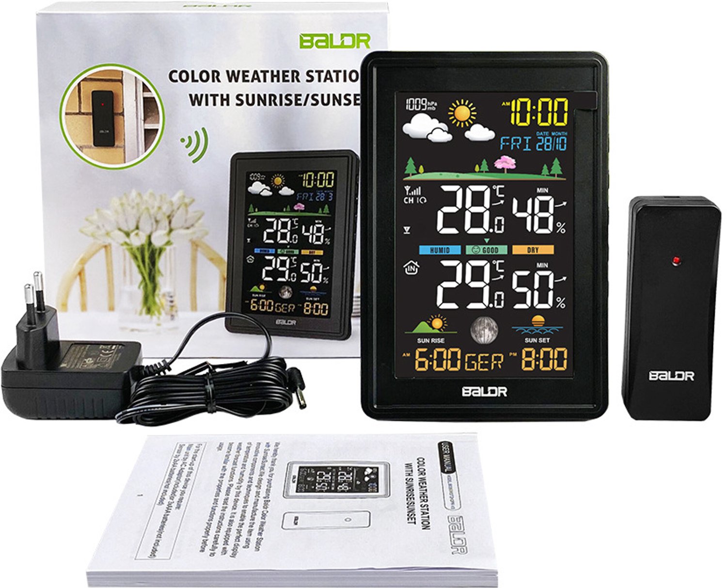 Weerstation met kleurenscherm, buitensensor, barometer en weersvoorspelling