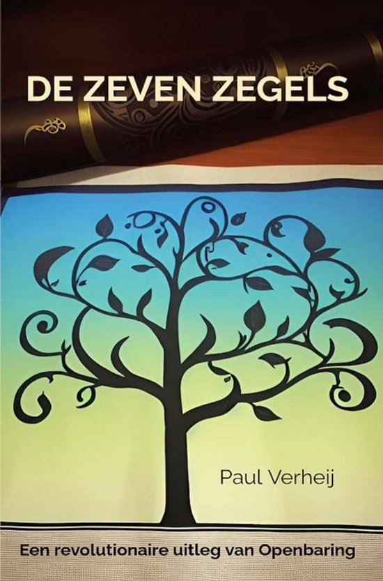 Couverture de livre 'De Zeven Zegels' par Paul Verheij avec un arbre noir sur un dégradé bleu et vert.