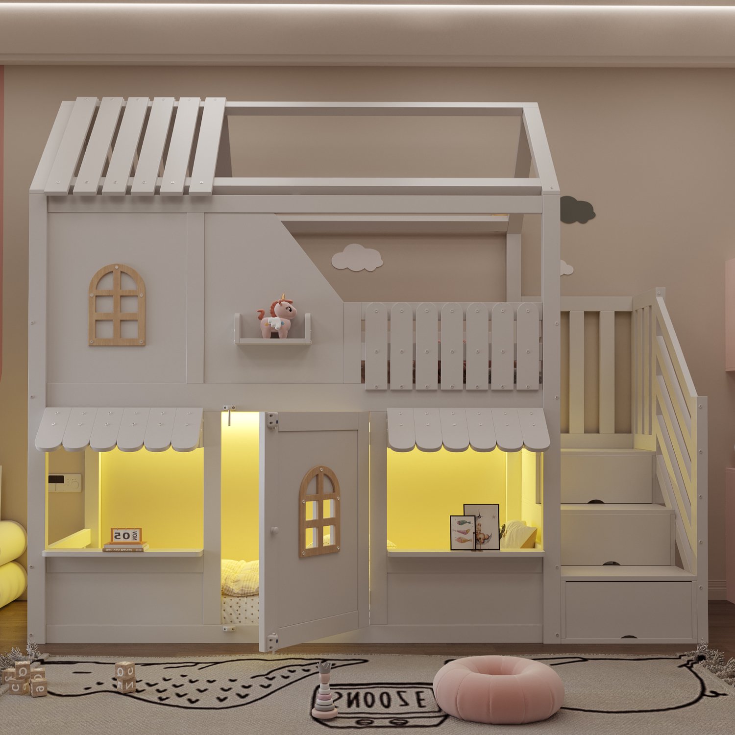 Kinderetagenbed, 90 x 200 cm, huisvormig ontwerp met ramen, dak, dakoversteek, reling en deur, met opbergladder, LED-verlichting en planken, hoogslaper, wit