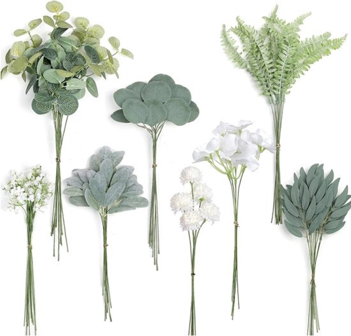 Kunstbloemen en Takken Set - 65 Stuks - Witte Bloemen - Groene Eucalyptus