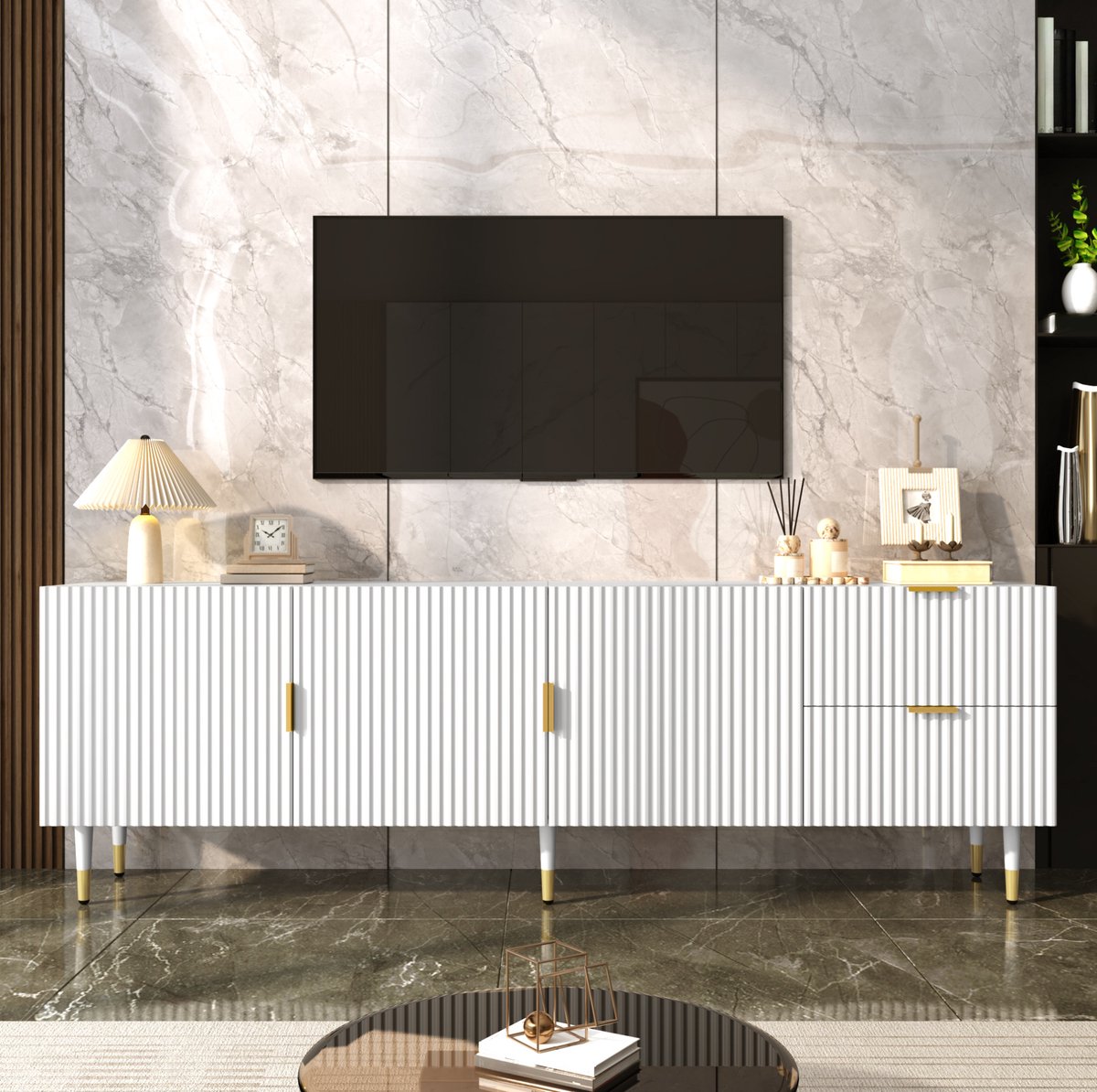 REDOM TV-meubel - 3 deuren met planken en lades - Soft-close scharnieren en kabelopeningen en verstelbare poten - Gouden handgrepen en poten - MDF en spaanplaat - Wit - 170 x 35.5 x 55 cm