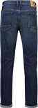 Achterkant van een donkerblauwe denim jeans met rechte pasvorm. De broek heeft zakken en een opgerolde zoom.