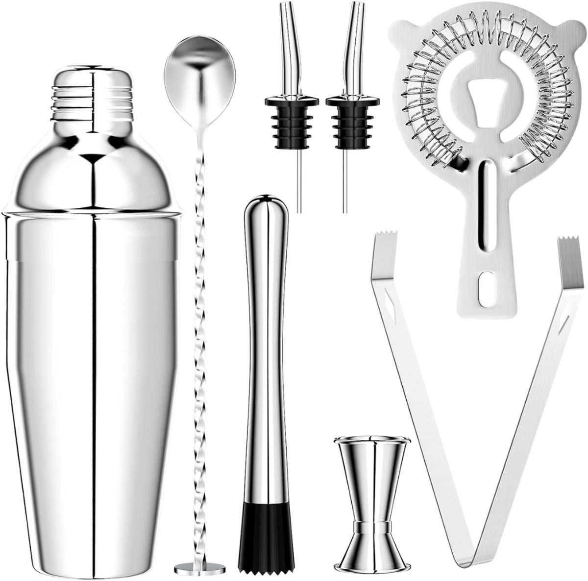 Verte - Cocktail Shaker Set - Cocktailset Van 750 Ml - 8-Delig - Roestvrijstalen Shaker - Professioneel Met Shaker - Dubbele Maatbeker - Lepel - Schenktuit - Voor Het Mixen Van Drankjes - Thuis - In De Bar - Op Feestjes (Zilver)