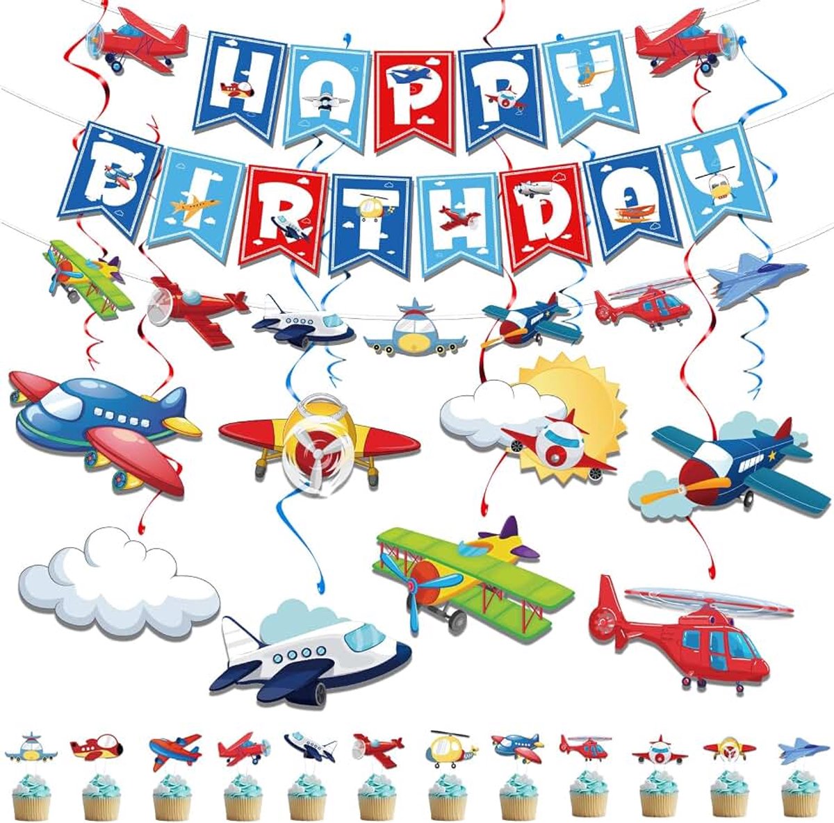 Feestdecoratie, Happy Birthday-banner en slinger, cupcaketoppers, vliegtuig, hangende werveling, vliegtuigfolieballonnen voor op en uit feest, vliegtuigthema, verjaardagsfeestje