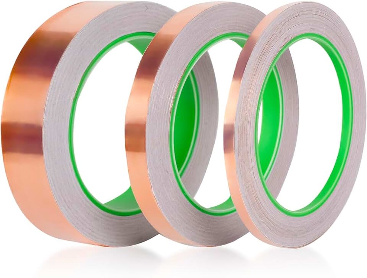 Koperfolietape, slakkenafstotende tape, koperband met geleidende lijm voor elektrische reparaties, gitaar, EMI-afscherming, handwerk, aarding (3 rollen (25 mm, 12 mm, 6 mm x 20 m)