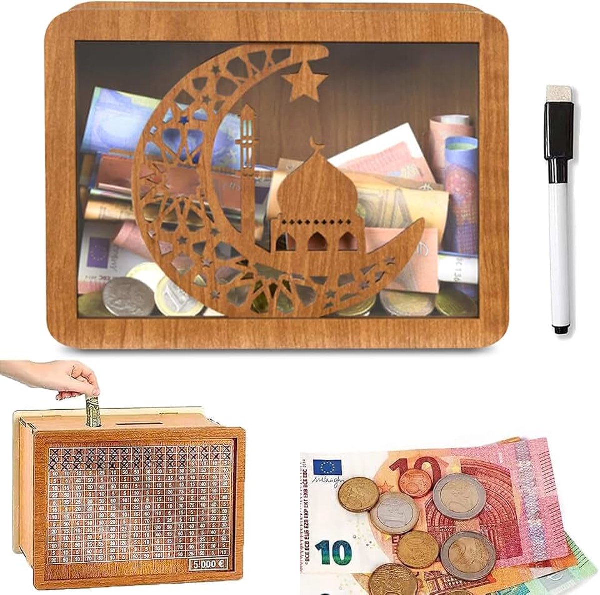 Houten Spaarpot met Teller en Doelstelling - Creatieve Herbruikbare Spaarbox van 17 x 12,5 x 7 cm - Cadeau voor Kinderen en Volwassenen