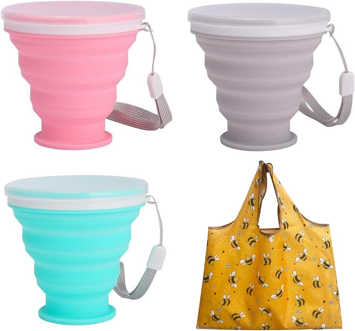 3 200Ml Opvouwbare Waterbekers En 1 Boodschappentas, Lekvrij Ontwerp Met Deksel, Lichtgewicht En Opbergbaar, Universeel Voor Drinkwater En Sap, Geschikt Voor Kamperen, Reizen En Aan Zee.