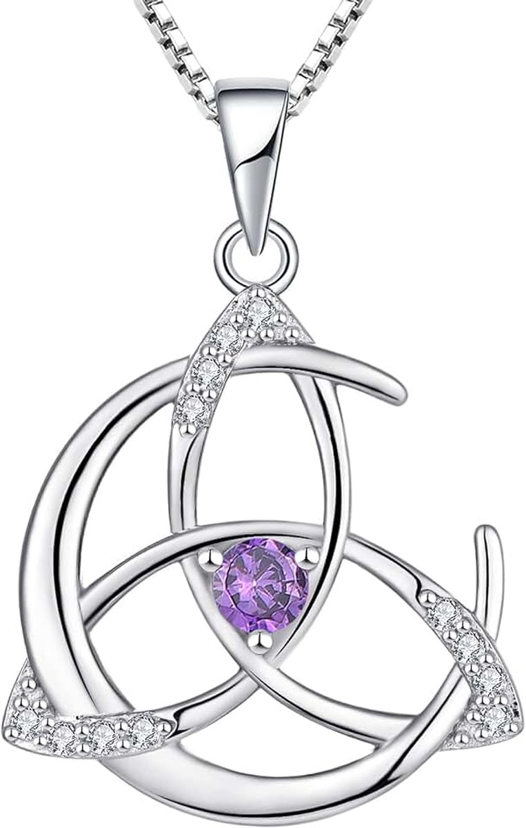 Keltische halsketting van 925 sterling zilver, 12 geboortestenen, zirkonia, maan en Keltische knoop, hanger voor dames, kettinglengte 45 + 3 cm, zilver, Amethist