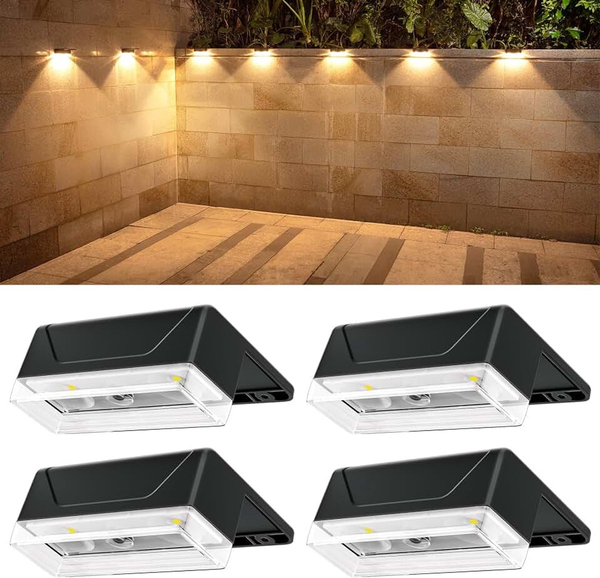 Omheiningslampen op zonne-energie, 4 stuks, zonne-omheiningsverlichting, warm wit + RGB, omheining zonne-verlichting buiten waterdicht, schemering tot dageraad, buitenverlichting op