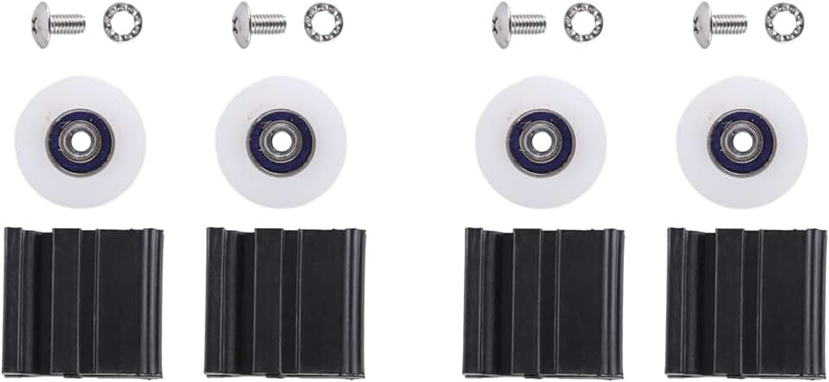2 Stuks 22 Mm Vervangingsset voor Kasdeurwiel Nylon Hallen Vervangingskits voor Kasdeurwiel 4 Plastic Onderdelen, 4 Katrollen, 4 Moeren, 4 Pakkingen