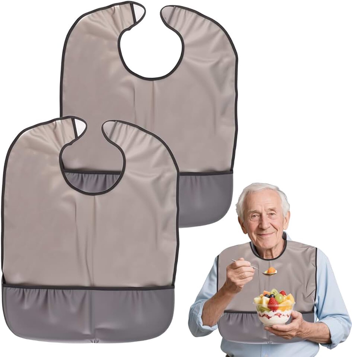 Slabbetjes voor volwassenen, 2 stuks, waterdicht, herbruikbaar, TPU-slabbetjes, wasbaar, voor ouderen met een handicap, zwart