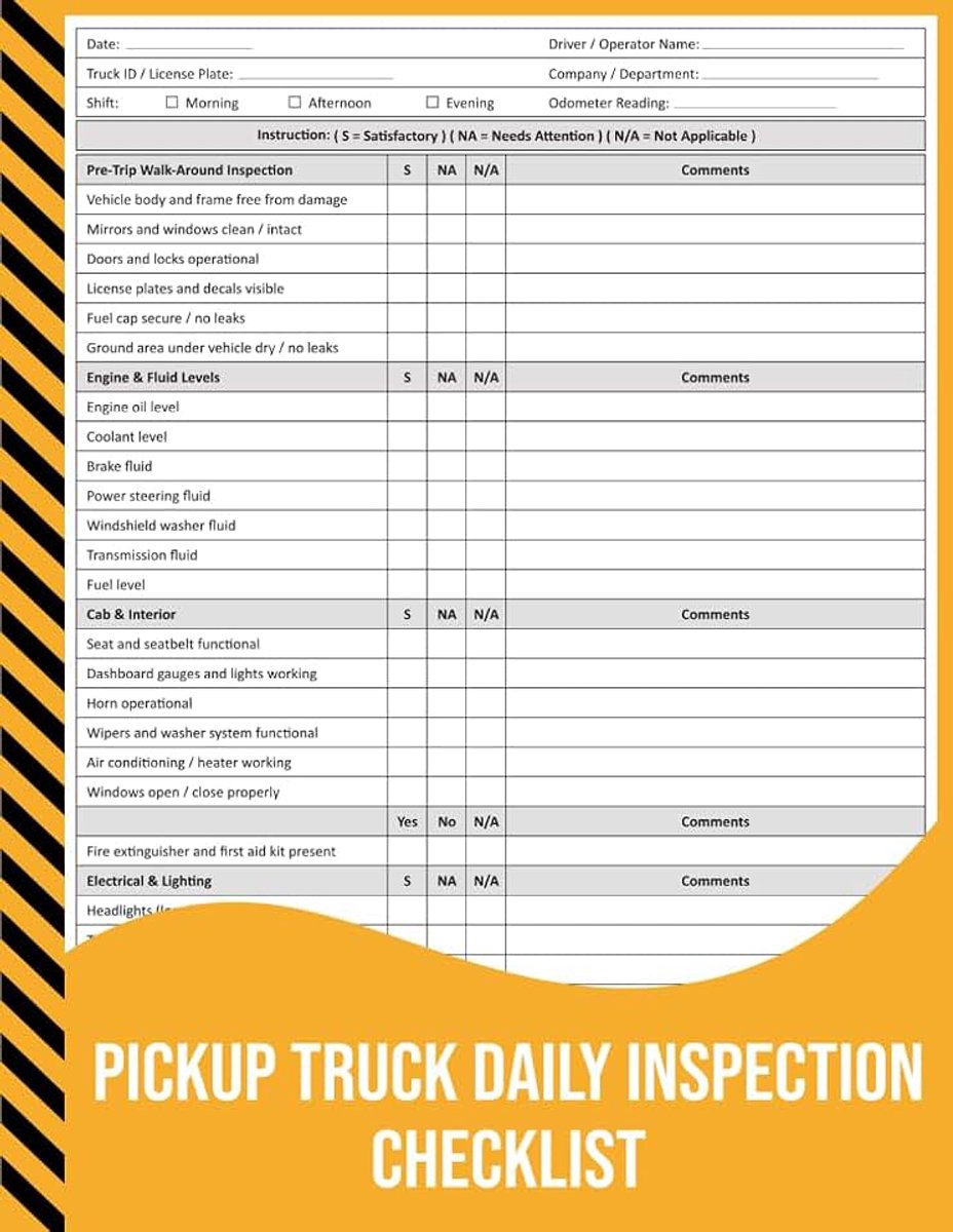Pickup Truck Daily Inspection Checklist: Pre-Operation Safety & Maintenance Record for Pickup Trucks.