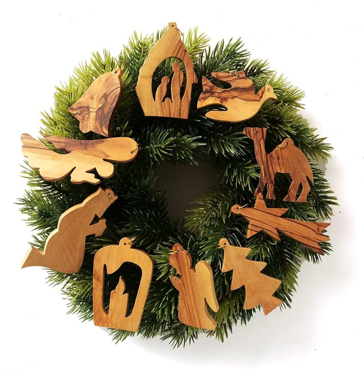 Olijfhout boomversiering hanger 10-delige set