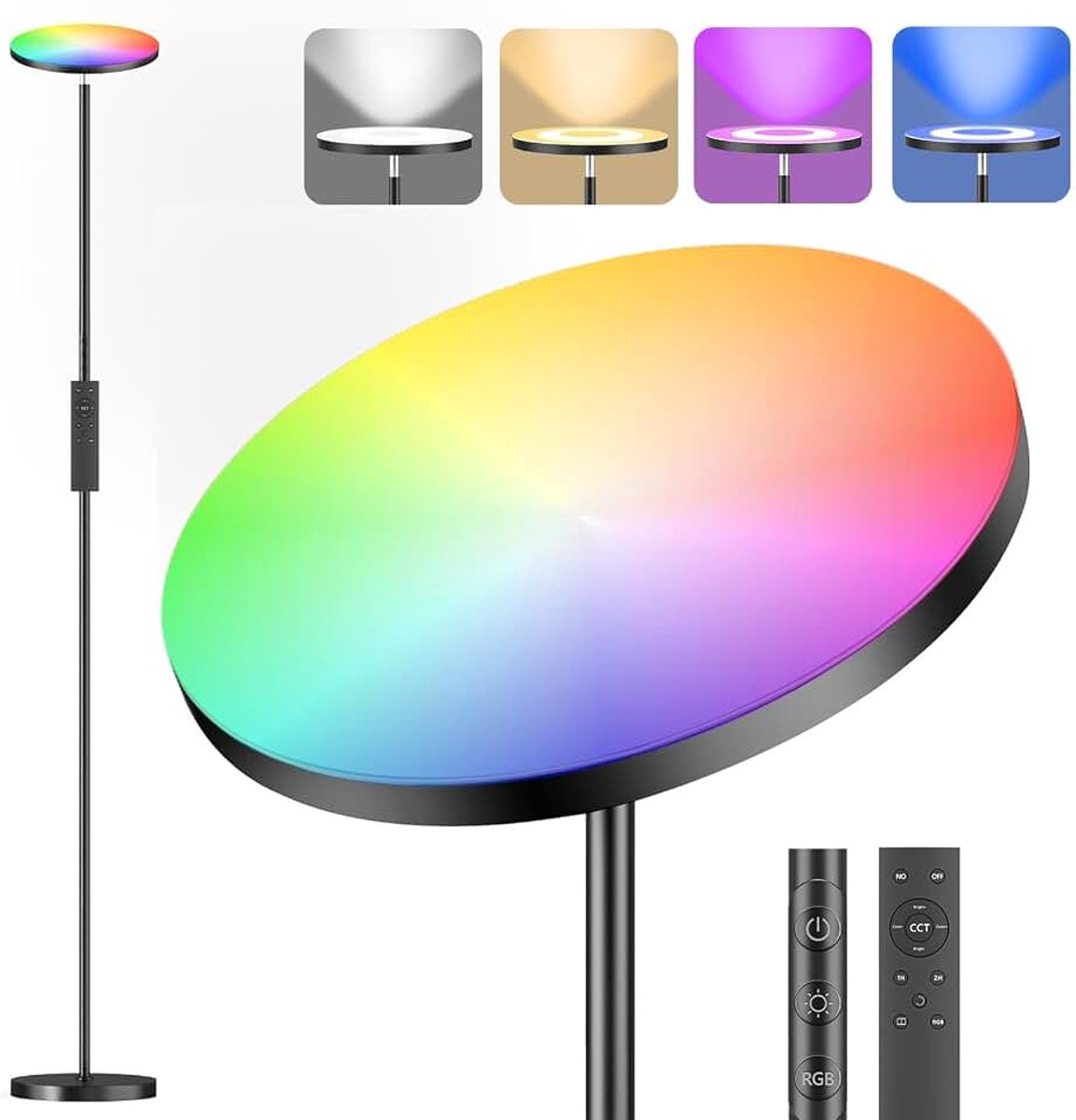 Vloerlamp voor woonkamer, 36 W, RGB, dimbaar, superhelder, instelbare kleurtemperatuur van 2700 K tot 6500 K, afstandsbediening en touchscreen, woonkamer