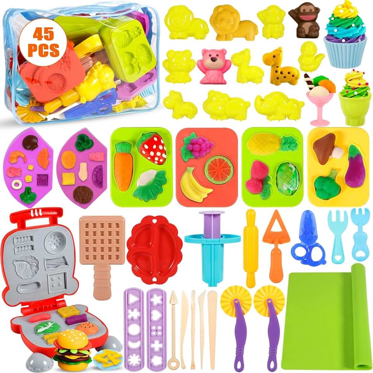 Juego de Plastilina, Herramientas Plastilina para Niños, 45 Piezas de Moldes plastilina para Crear Hamburgesa, Pizza y Pasta, Accesorios de Arcilla de Modelado, con Bolsa de Almacenamiento