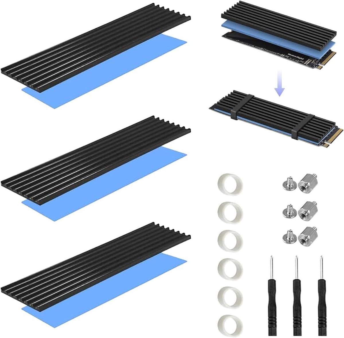 Koellichaam, M.2 SSD-koellichaam, M2 koellichaam, aluminium koellichaam, uitgerust met schroeven, schroevendraaier en rubberen ring, gebruikt voor computerwarmteafvoer, 3-delige set