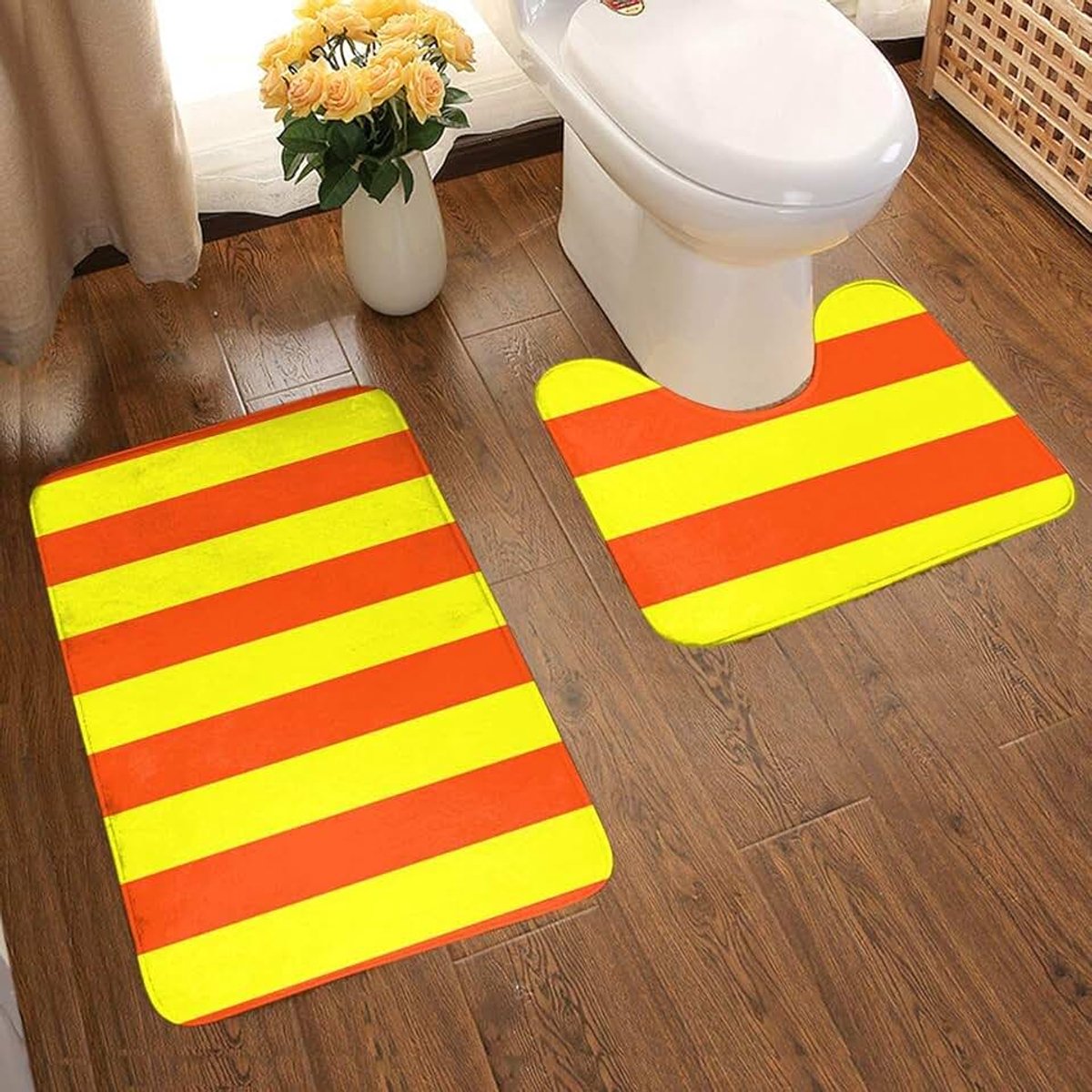 Neon Oranje en Geel Horizontale Cabana Tent Strepen 2-delige Zachte Anti-slip Badmat Kit, Textuur Fotografie Inclusief 80x50cm Hoge-Absorbency WC-zitting En 50x40cm Microvezel Zachte Pluizige