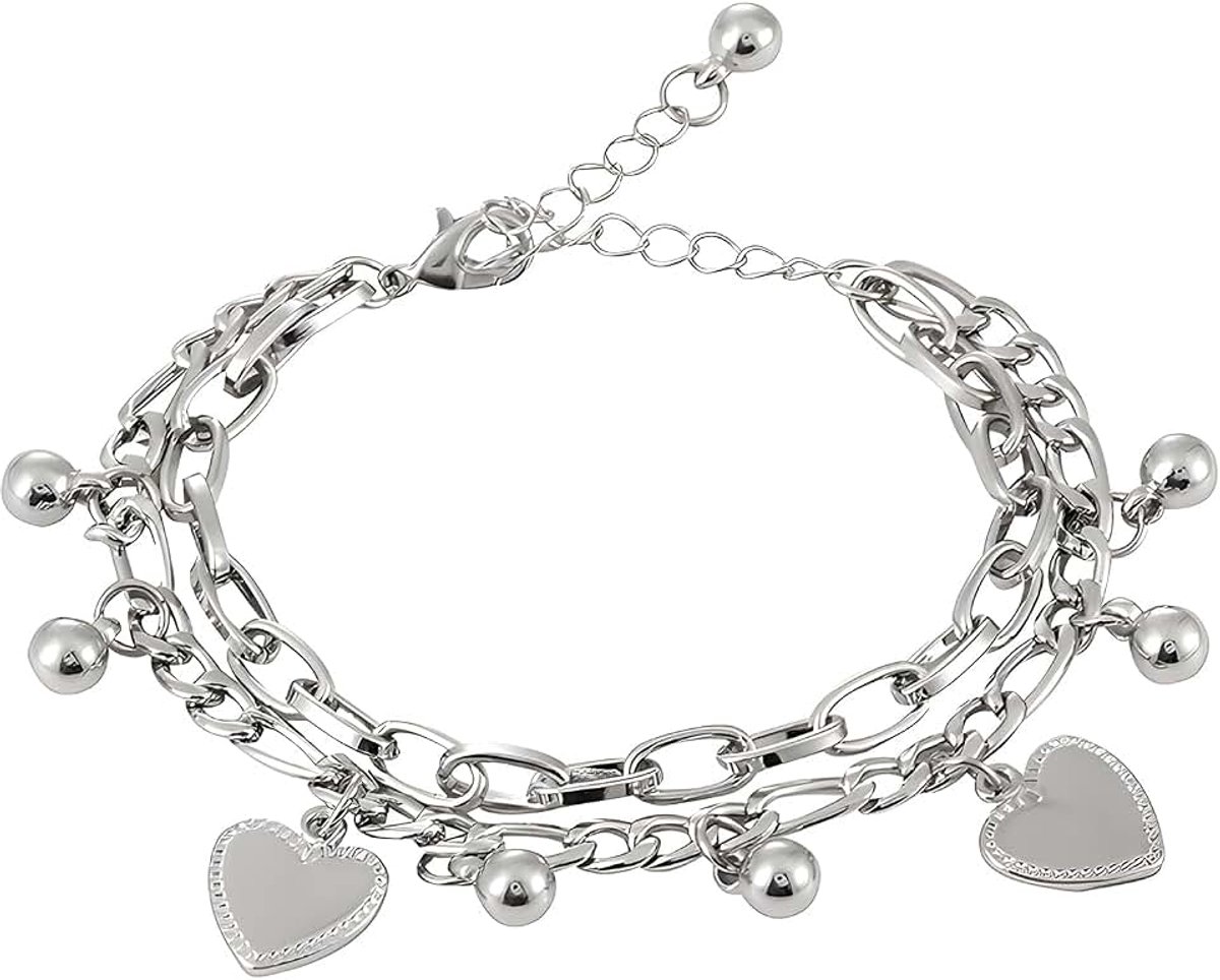 Roestvrijstalen armband, dubbele ketting, hartslinger en bolelementen, elegant damessieraad voor dagelijks gebruik, dates, voor meisjes, vrouwen, Valentijnsdag