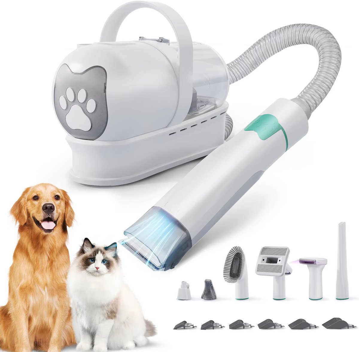 CreateEcom hondenfohn - honden trimset - honden nagelknipper - Föhn 7-in-1 Warme lucht - Met nagelverzorging, verschillende opzetstukken om te trimmen en drogen - Snelle en stille huisdierdroger - 3 snelheden - Wit