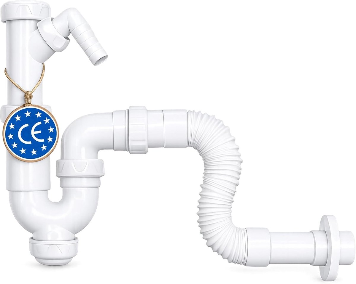 Dubbele sifon gootsteen - Wit - 40/32 mm - Flexibele sifon met vaatwasseraansluiting - Voor keukenspoelbak en wastafel