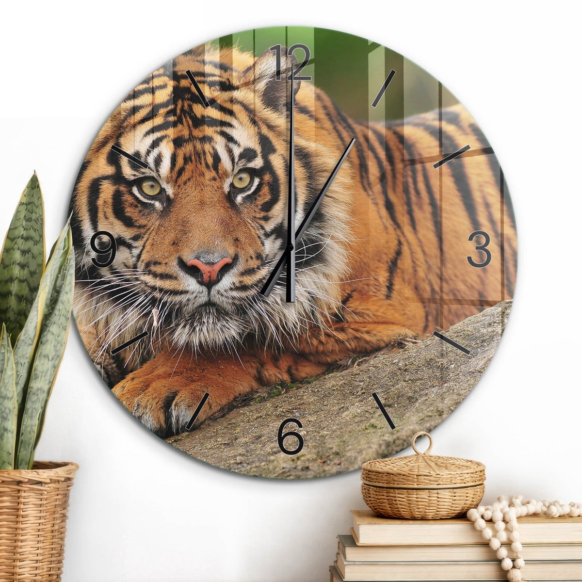 ArtPrintCave Oranje Glazen Klok - Wandklok 60 cm - Muurklok Rond - Tijger Natuur Stille Wandklok - Natuur Wandklok Keuken - Zwarte Klokwijzers