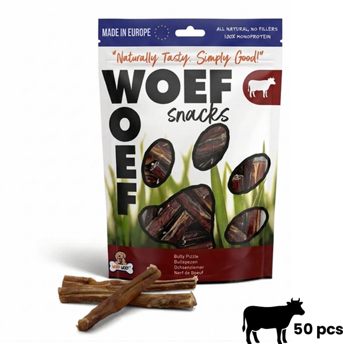 Woef Woef Snacks Hondensnacks Bullepezen 50 stuks - Kauwsnacks Gedroogd vlees Rund Alle honden vanaf 8kg Geen toevoegingen