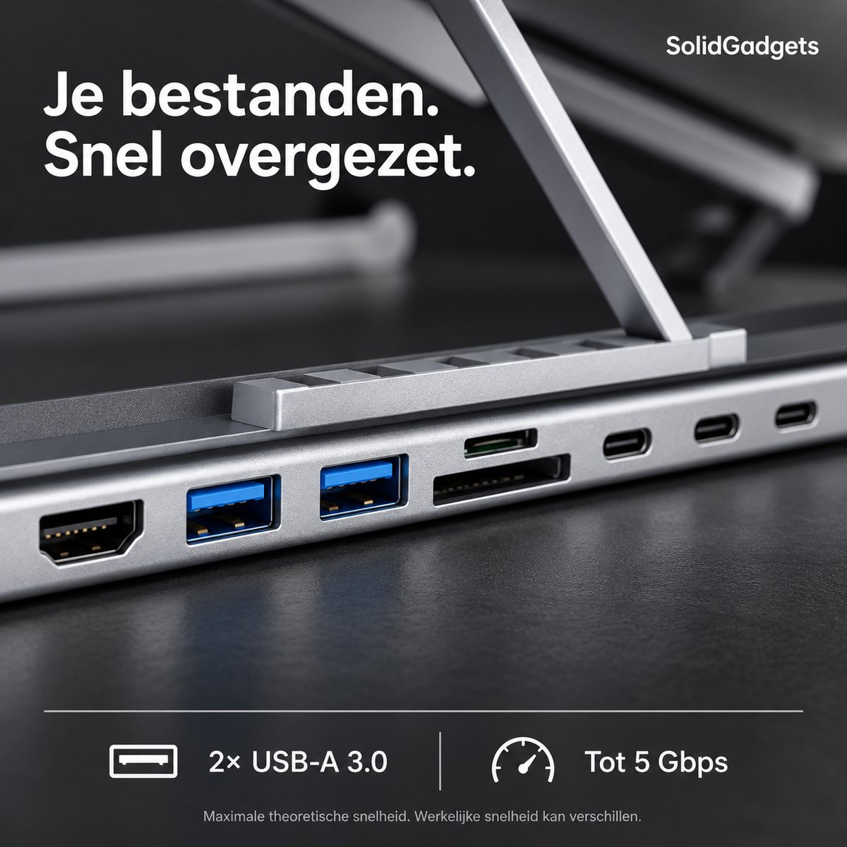 SolidGadgets 2-in-1 Laptopstandaard & USB-C Docking Station 8 in1 - HDMI 4K - Aluminium - Ergonomisch Laptopstandaard thumbnail 4