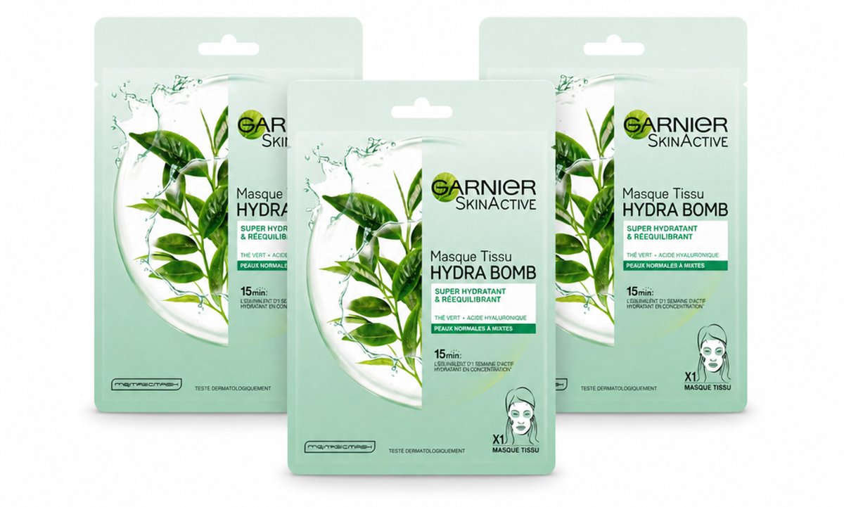 3 x Garnier - SkinActive - Hydra Bomb Tissue Masker - Groene Thee - 1 Gezichtsmasker - Bulkverpakking - 3 stuks