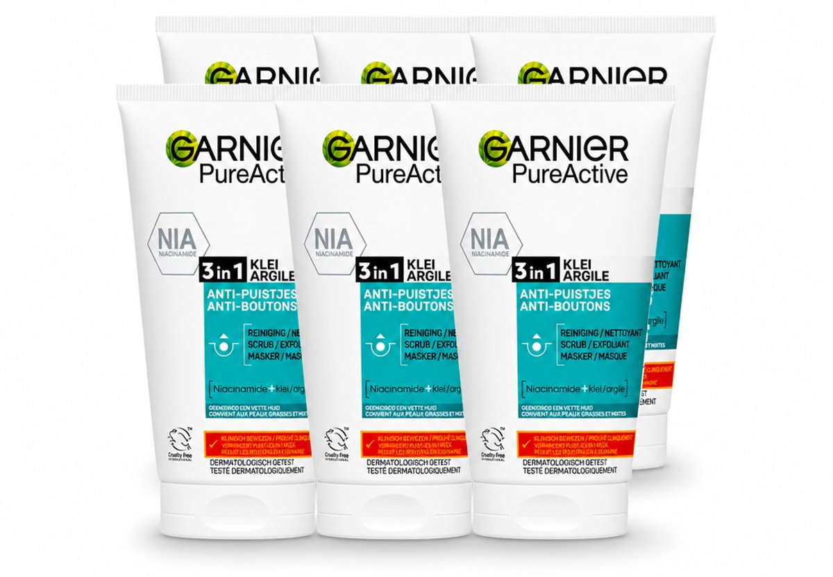 6 x Garnier - Pure Active - 3-in-1 Reiniging Scrub Masker - Tegen Puistjes & Onzuiverheden - Klei & Niacinamide - 150 ml - Voordeelverpakking - 6 stuks