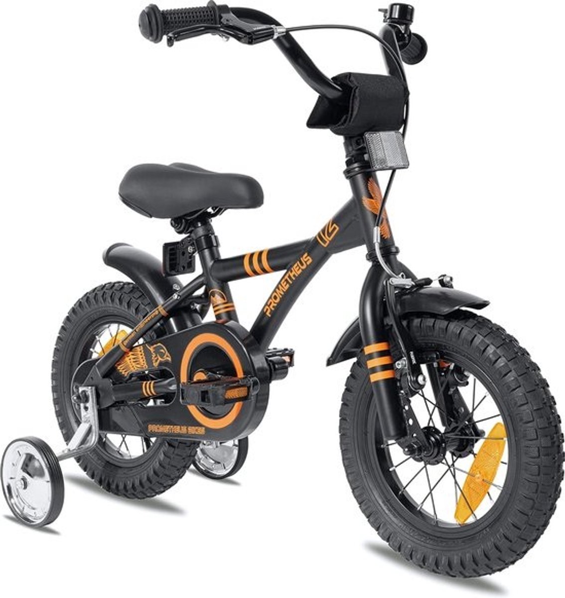 kinderfiets 12 inch fiets jongens meisjes van 3 jaar met zijwieltjes terugtraprem in zwart mat oranje BMX