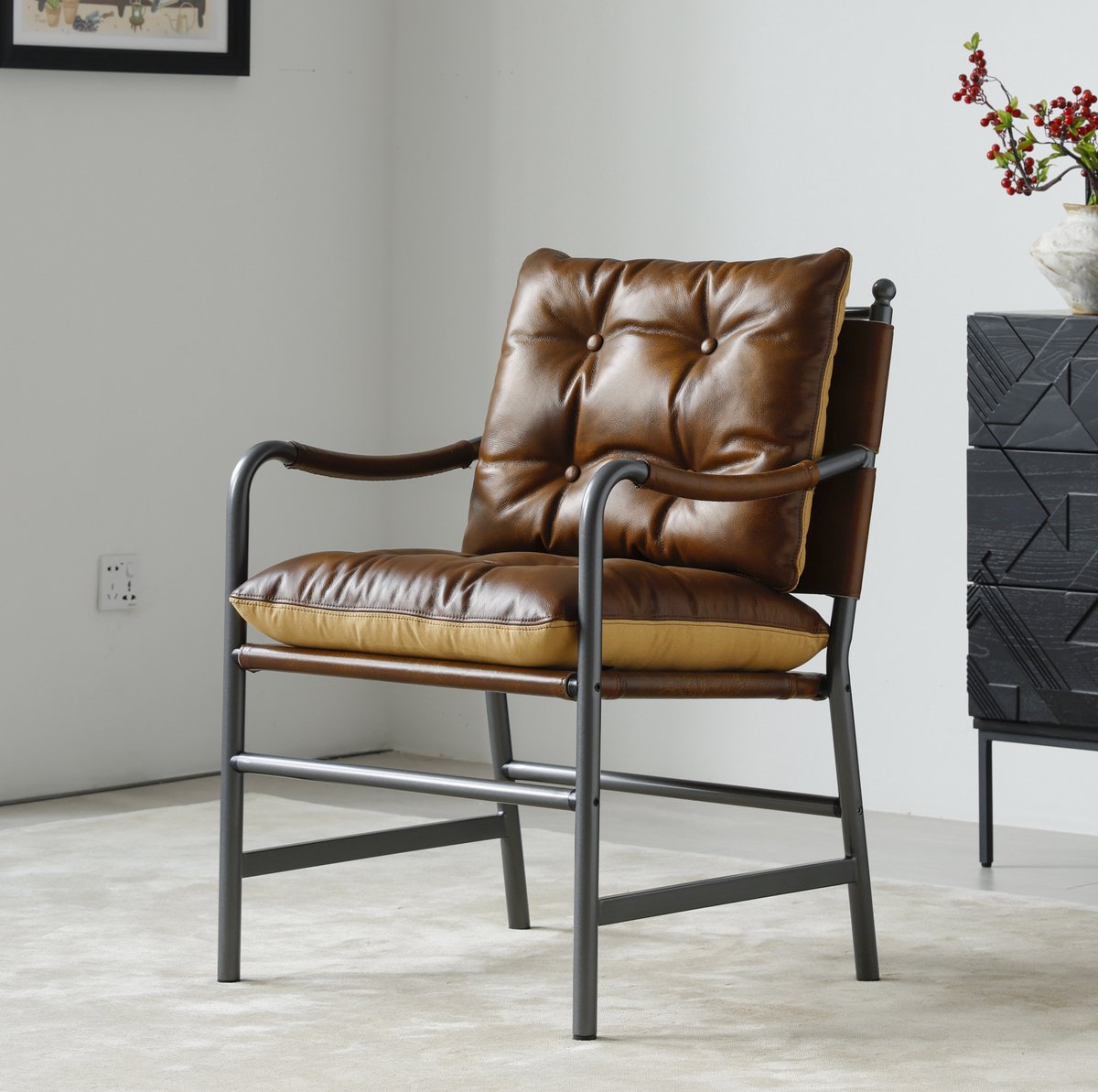 MODENUIT Fauteuil 60 x 62 x 90 cm - Armleuningen, Metalen Frame - Woonkamer, Slaapkamer - Leer Bruin