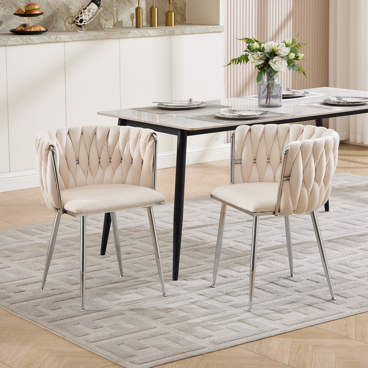 MODENUIT Eetkamerstoel 55 x 48 x 75 cm - Met Armleuning - Set van 2 - Voor Eetkamer - Velvet Ivoor Ivory