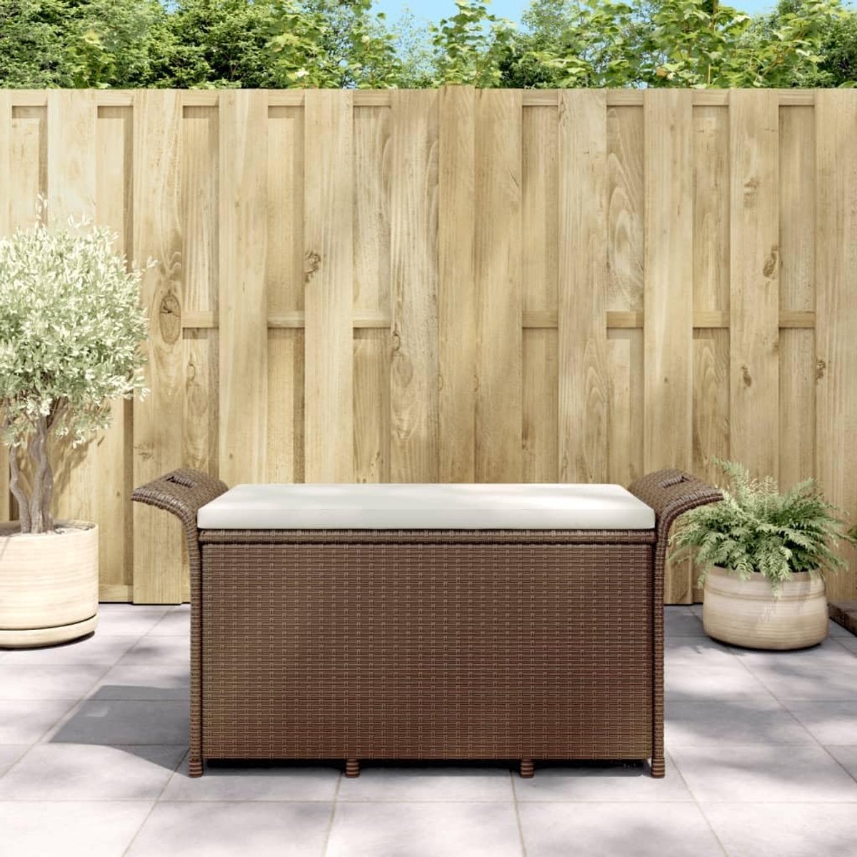 Tuinbank met kussen, bruin, 116 x 46 x 57 cm, polyrotan, terrasbank, gazonbank, parkbank, tuinbank voor gazons, tuinen, paviljoens