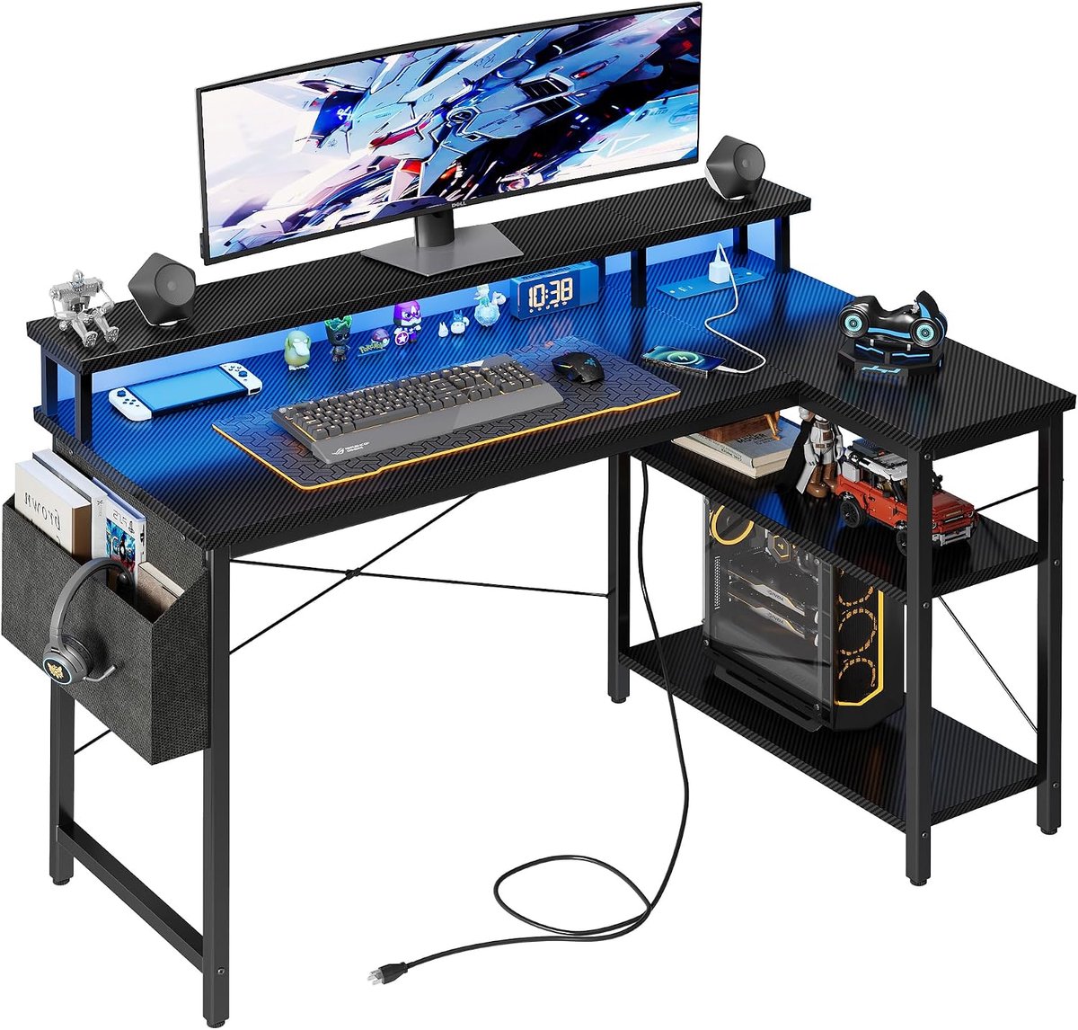 Omkeerbaar gaming-bureau, 120 x 70 cm, L-vormig hoekbureau met USB-oplaadpoort en stopcontact, computertafel met schermhouder voor slaapkamer, thuis, zwart