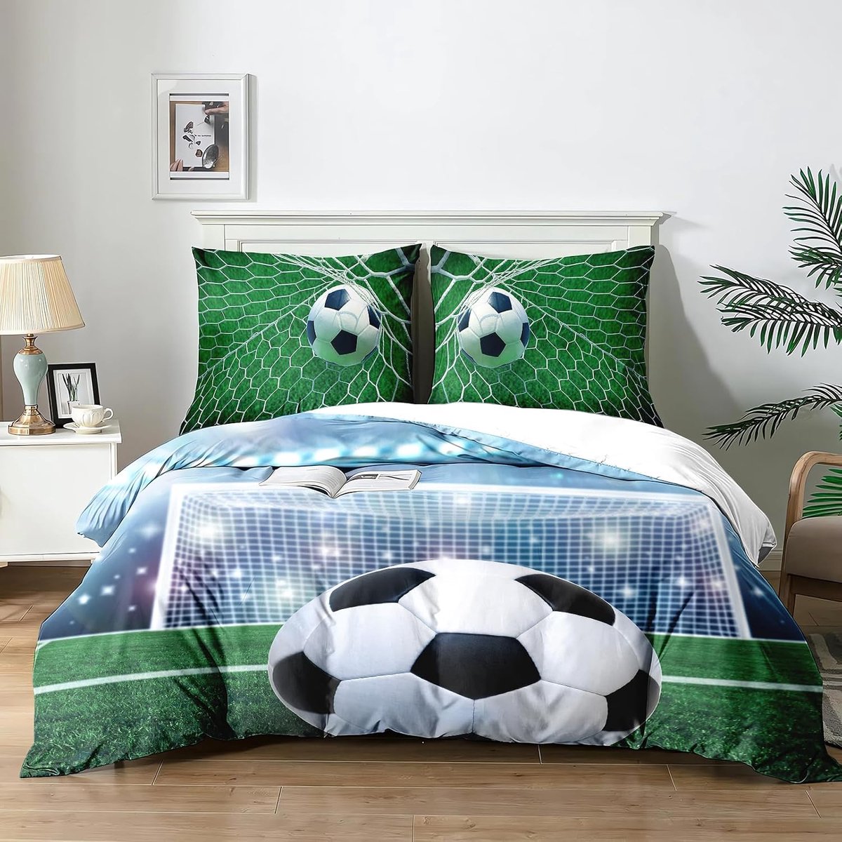 Voetbal Federbed 220 x 240cm, Voetbal Motief Sport Beddengoed - Maschinenwashbaar ultrafijn vezelbed met ritssluiting en 2 kussenbezuggen 65x65cm (F1×220)