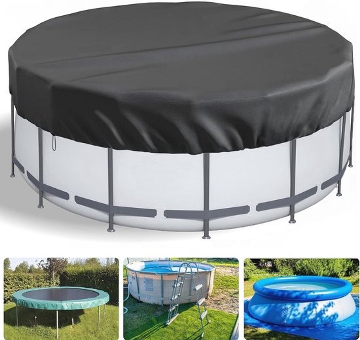 Ronde Zwembadafdekking 310 cm - Duurzaam UV-bestendig Oxford, Zwembadzeil voor Zomer en Winter met Spanlijnen en Grondpijpen, Zwart