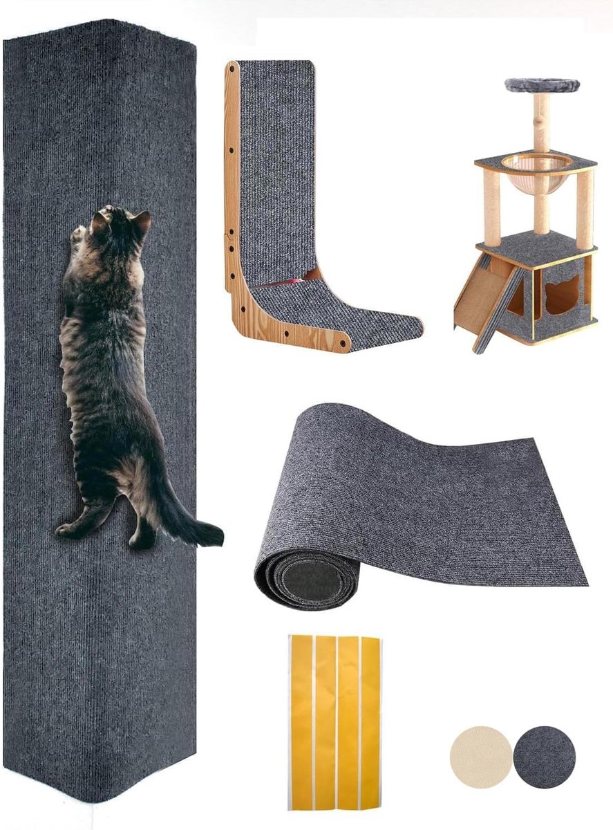 200 x 40 cm snijdbare zelfklevende krabmat voor katten, krabtapijt voor katten, vervangende mat voor kattenboom, kattentoren (donkergrijs, 1 exemplaar)