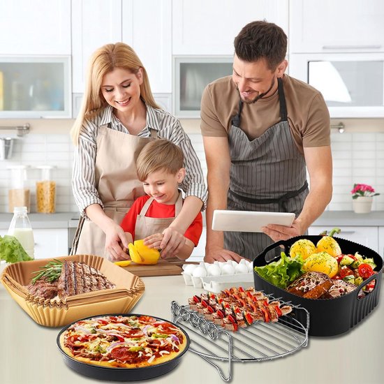 Accessoires luchtfriteuse - voor Moulinex 6,5 l, Princess 6,5 l, Cosori 5,5 l, Philips Airfryer serie 2000 6,2 l (NA230/00), pizzalade, grill, siliconen vorm, bakpapier, BPA-vrij — afbeelding 4