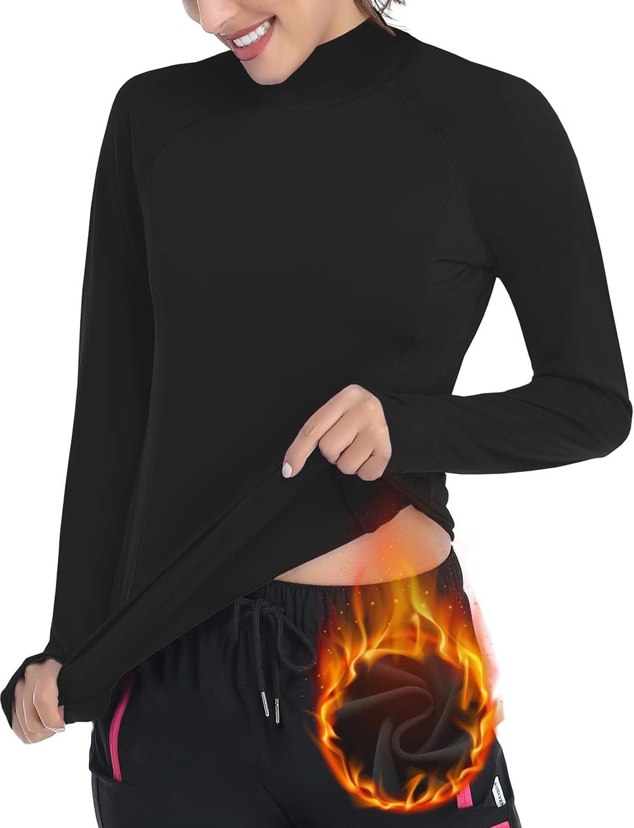 Running Top met lange mouwen voor dames, met duimgat,compressie thermische fleece tops lichtgewicht, sneldrogend sport, yoga, top voor training, wandelen, skiën