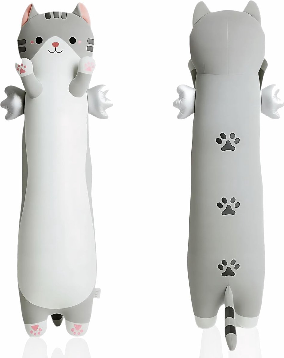 Knuffeldieren, kattenkussen, lang, XXL vleugelkatten, knuffeldieren, zachte kat, Kawaii groot pluche dier, kinderen en volwassenen (grijs, 90 cm)